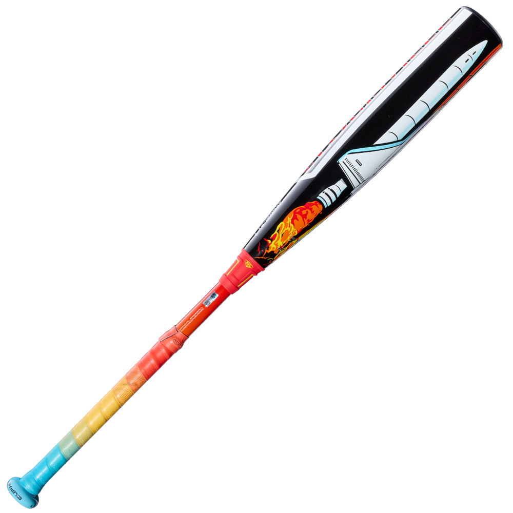 The 2026 Louisville Slugger Supra Starship (-10) USSSA bat features a colorful gradient handle, space shuttle artwork on its composite barrel, and a blue knob for added style—a striking design from Louisville Slugger.