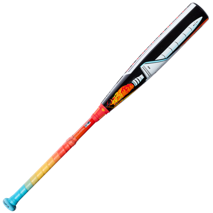 The 2026 Louisville Slugger Supra Starship (-10) USSSA bat features a colorful gradient handle, space shuttle artwork on its composite barrel, and a blue knob for added style—a striking design from Louisville Slugger.