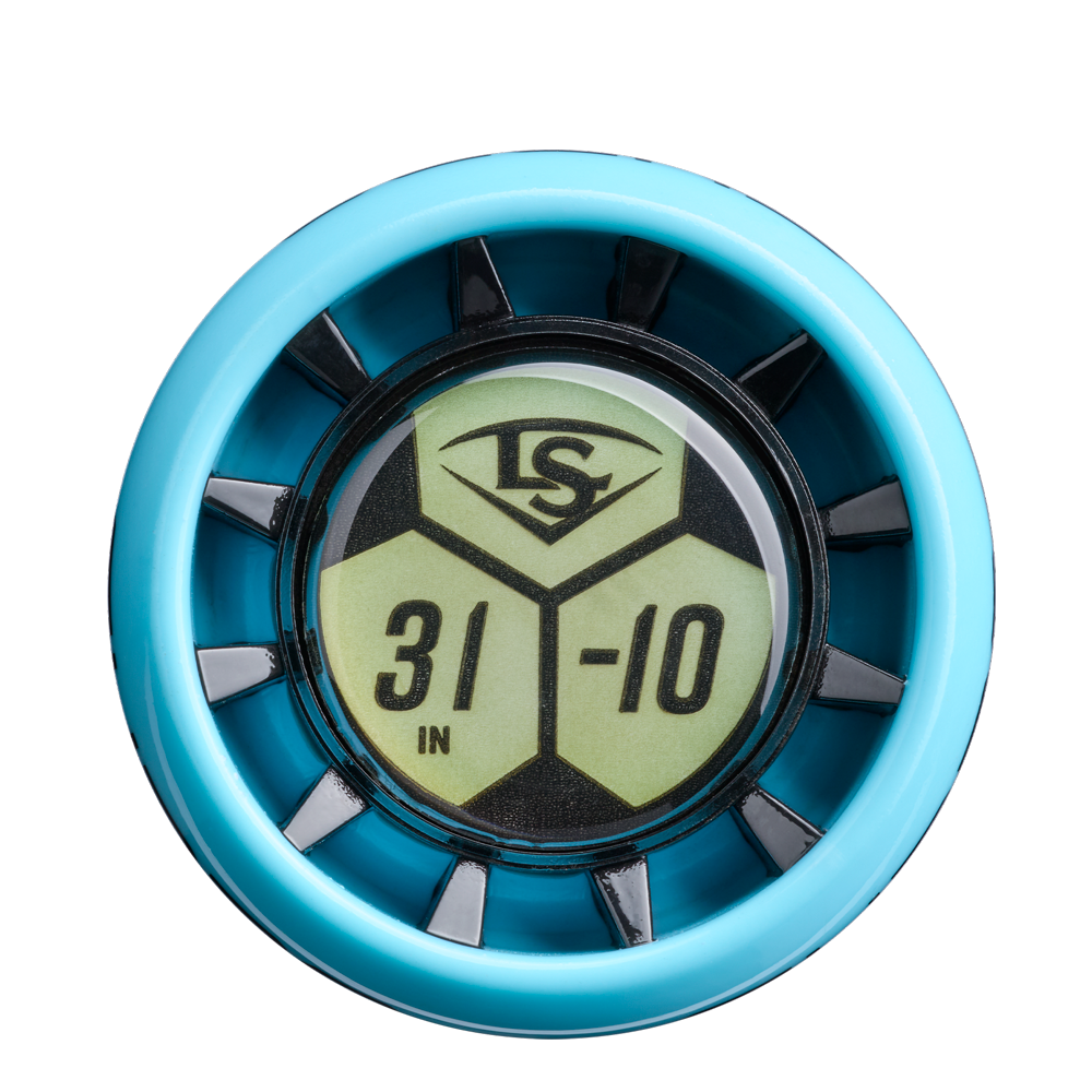 A close-up of the blue endcap on a 2026 Louisville Slugger Supra Starship (-10) 2 3/4" USSSA Baseball Bat, showing the LS logo and "31 IN -10" text on a yellow background.