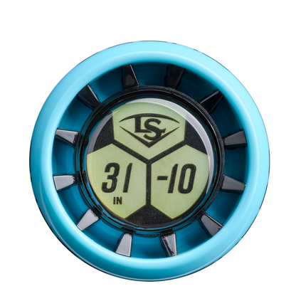 A close-up of the blue endcap on a 2026 Louisville Slugger Supra Starship (-10) 2 3/4" USSSA Baseball Bat, showing the LS logo and "31 IN -10" text on a yellow background.