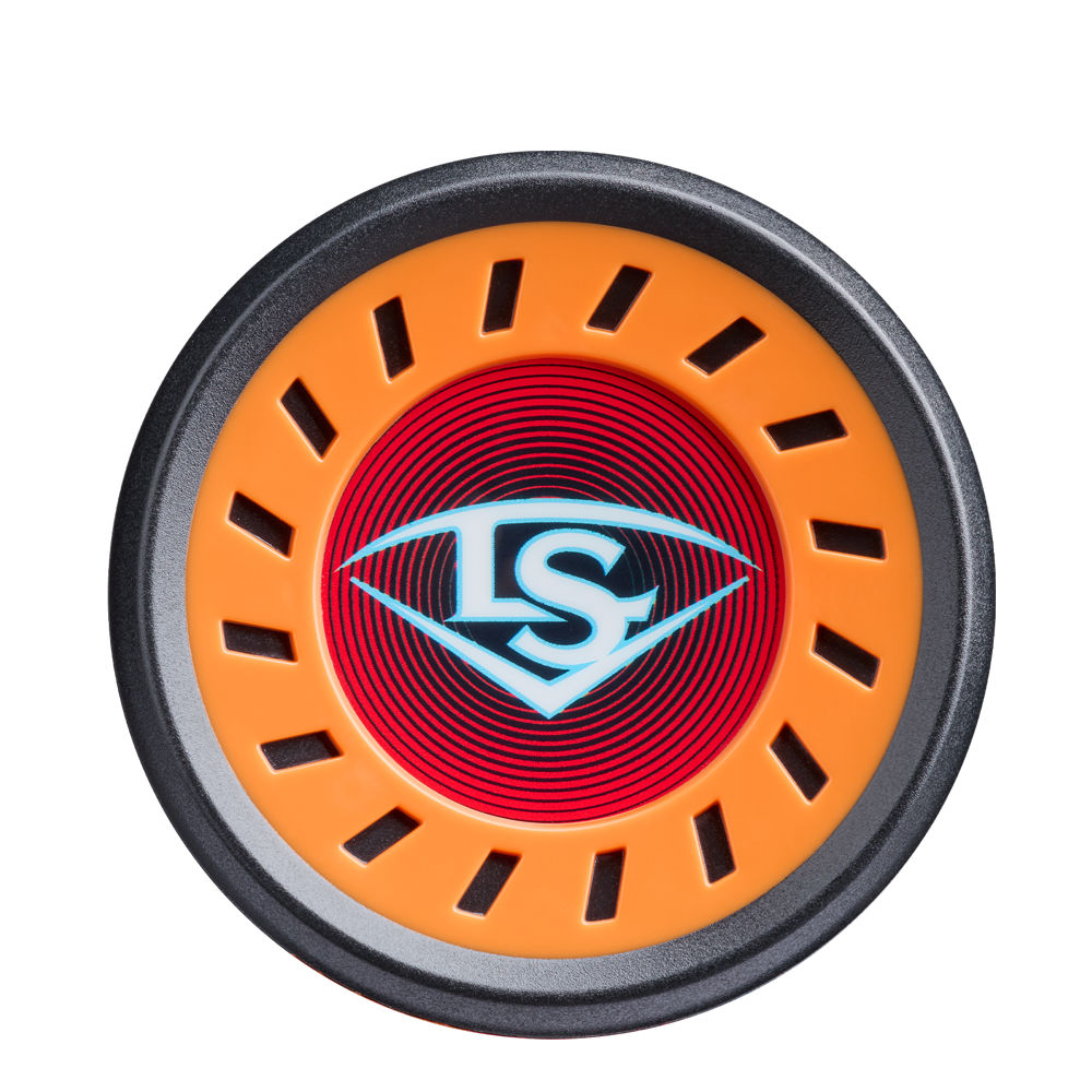 A round object with an orange rim featuring rectangular cutouts, a red center with concentric circles, and a white LS logo in a diamond—mimicking the end cap of the 2026 Louisville Slugger Supra Starship (-10) USSSA Baseball Bat.