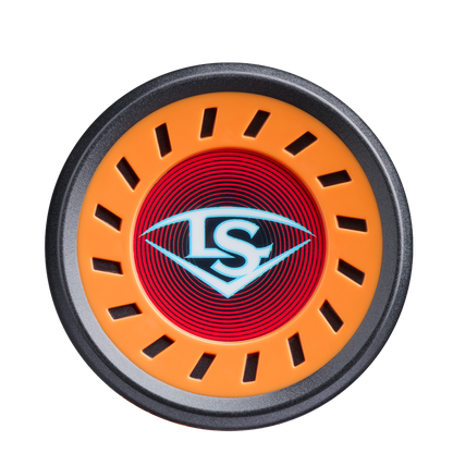 A round object with an orange rim featuring rectangular cutouts, a red center with concentric circles, and a white LS logo in a diamond—mimicking the end cap of the 2026 Louisville Slugger Supra Starship (-10) USSSA Baseball Bat.