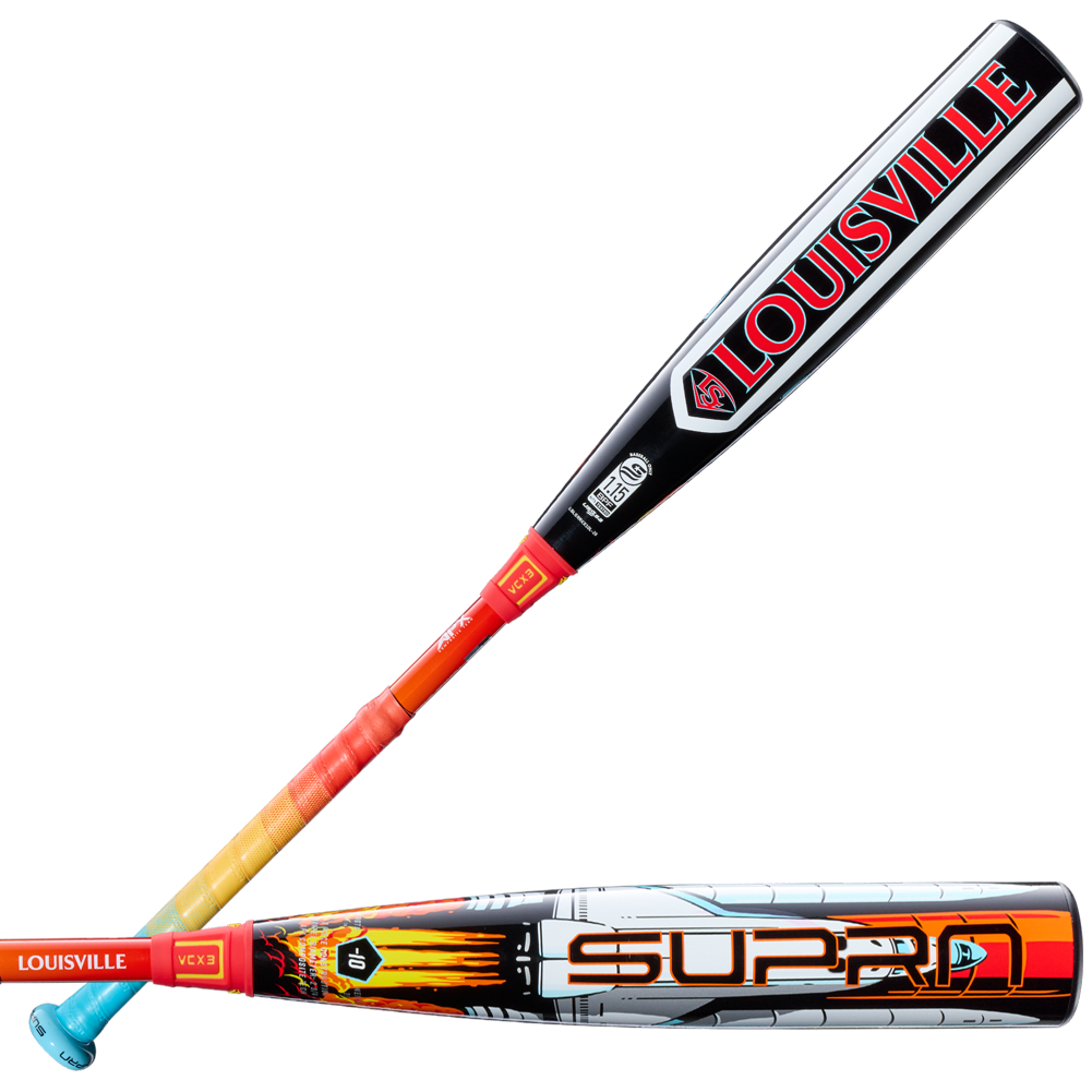 Two Louisville Slugger Supra Starship (-10) USSSA bats are shown: one with red lettering on black and silver, the other with bold SUPRA flame graphics, a blue knob, and a composite barrel design.