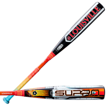 Two Louisville Slugger Supra Starship (-10) USSSA bats are shown: one with red lettering on black and silver, the other with bold SUPRA flame graphics, a blue knob, and a composite barrel design.