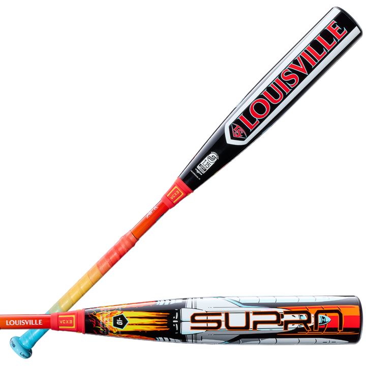 Two Louisville Slugger Supra Starship (-10) USSSA bats are shown: one with red lettering on black and silver, the other with bold SUPRA flame graphics, a blue knob, and a composite barrel design.