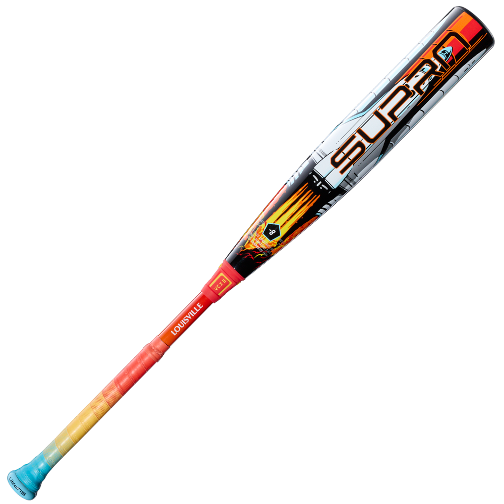 The 2026 Louisville Slugger Supra Starship (-8) USSSA Baseball Bat features a red, orange, and yellow handle, blue end cap, bold SLUGGER graphics, and a composite barrel—perfect for travel ball players wanting standout style and performance.