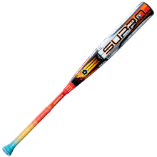 The 2026 Louisville Slugger Supra Starship (-8) USSSA Baseball Bat features a red, orange, and yellow handle, blue end cap, bold SLUGGER graphics, and a composite barrel—perfect for travel ball players wanting standout style and performance.