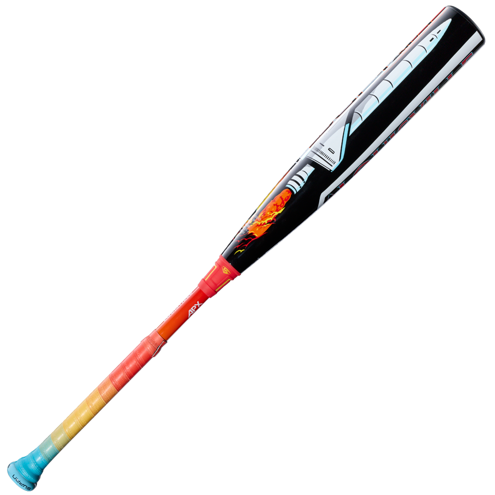 The 2026 Louisville Slugger Supra Starship (-8) USSSA bat features a rocket launch-inspired design with flames at the base and a blue-to-orange/yellow gradient handle—ideal for travel ball players.