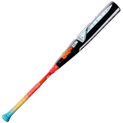 The 2026 Louisville Slugger Supra Starship (-8) USSSA bat features a rocket launch-inspired design with flames at the base and a blue-to-orange/yellow gradient handle—ideal for travel ball players.