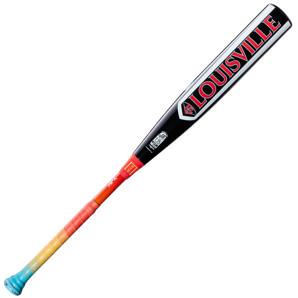 The 2026 Louisville Slugger Supra Starship (-8) USSSA bat (WBL4184010) features a black composite barrel with bold red Louisville text and a vibrant, multicolored handle—ideal for travel ball players.