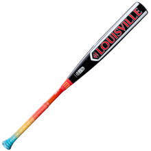 The 2026 Louisville Slugger Supra Starship (-8) USSSA bat (WBL4184010) features a black composite barrel with bold red Louisville text and a vibrant, multicolored handle—ideal for travel ball players.