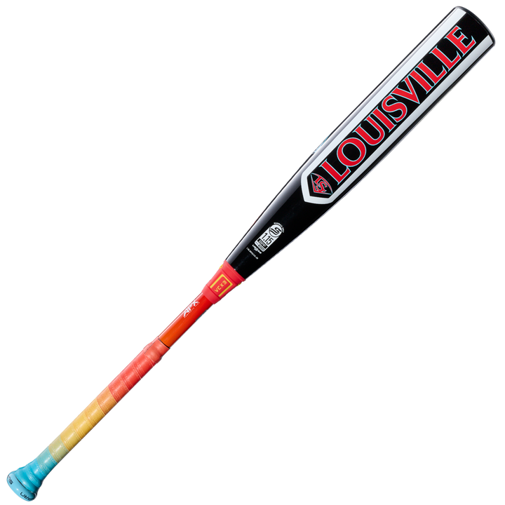 The 2026 Louisville Slugger Supra Starship (-8) USSSA bat (WBL4184010) features a black composite barrel with bold red Louisville text and a vibrant, multicolored handle—ideal for travel ball players.