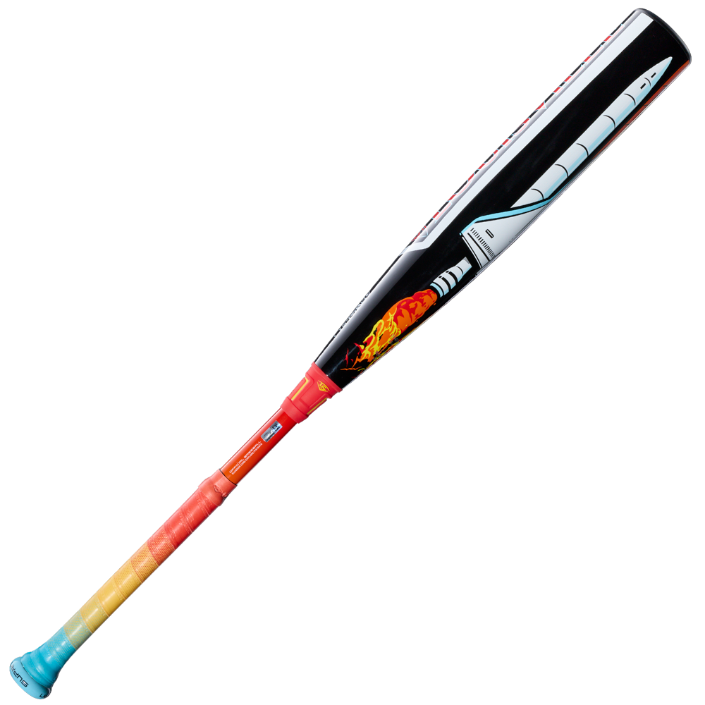 The 2026 Louisville Slugger Supra Starship (-8) USSSA Baseball Bat features a vibrant rocket ship design with launching flames on its composite barrel and a teal-to-orange fade handle—perfect for travel ball players.