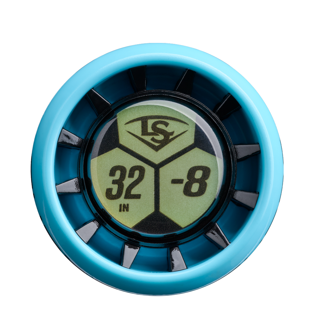 A close-up of a blue and black circular bat knob with a green label displaying LS, 32 IN, and -8—perfect for travel ball players using the 2026 Louisville Slugger Supra Starship (-8) USSSA Baseball Bat: WBL4184010.