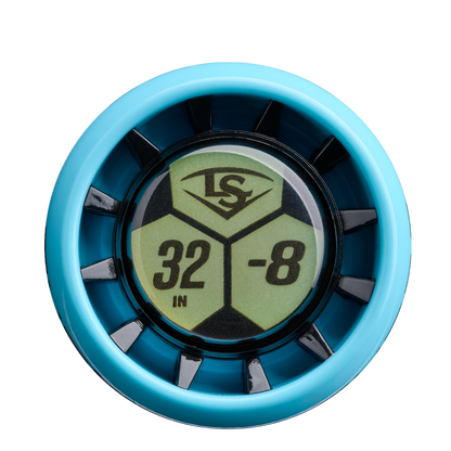 A close-up of a blue and black circular bat knob with a green label displaying LS, 32 IN, and -8—perfect for travel ball players using the 2026 Louisville Slugger Supra Starship (-8) USSSA Baseball Bat: WBL4184010.