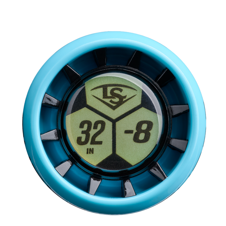 A close-up of a blue and black circular bat knob with a green label displaying LS, 32 IN, and -8—perfect for travel ball players using the 2026 Louisville Slugger Supra Starship (-8) USSSA Baseball Bat: WBL4184010.