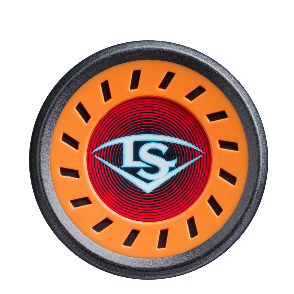 A close-up of the Louisville Slugger Supra Starship (-8) USSSA Baseball Bat, featuring a striking orange, black, and red design with a white LS logo—perfect for travel ball players seeking a top-quality composite barrel bat.