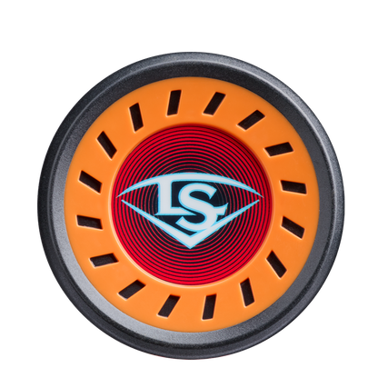 A close-up of the Louisville Slugger Supra Starship (-8) USSSA Baseball Bat, featuring a striking orange, black, and red design with a white LS logo—perfect for travel ball players seeking a top-quality composite barrel bat.