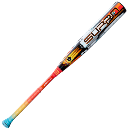 The 2026 Louisville Slugger Supra Starship (-5) USSSA bat features a turquoise grip, orange and yellow handle, silver composite barrel with bold graphics and “SUPER” text, plus the Louisville Slugger branding on the handle.