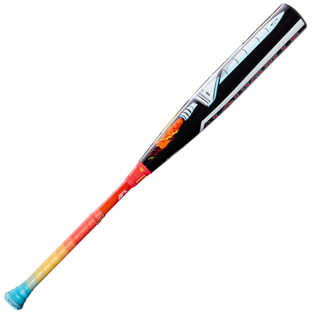 The 2026 Louisville Slugger Supra Starship (-5) USSSA Baseball Bat features a vibrant handle in yellow, orange, and red gradients, plus a black barrel with a rocket ship and flames for a colorful, playful look.