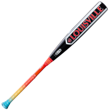 The 2026 Louisville Slugger Supra Starship (-5) USSSA bat (WBL4185010) features a black composite barrel with bold red LOUISVILLE text and a grip that fades from light blue to yellow to orange.