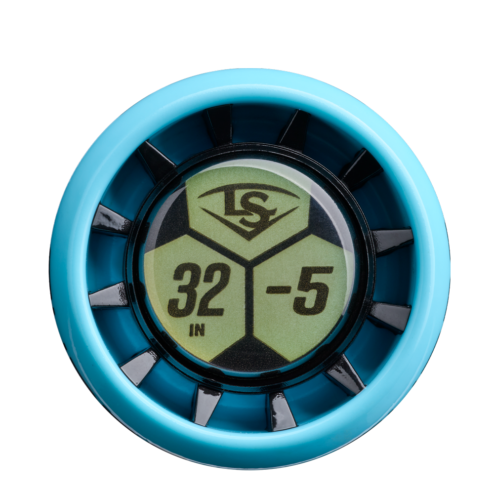 A close-up of a blue and black circular bat knob sticker displays "LS," "32 IN," and "-5" on green, marking it as part of the Louisville Slugger 2026 Supra Starship (-5) 2 3/4" USSSA Baseball Bat: WBL4185010 series.