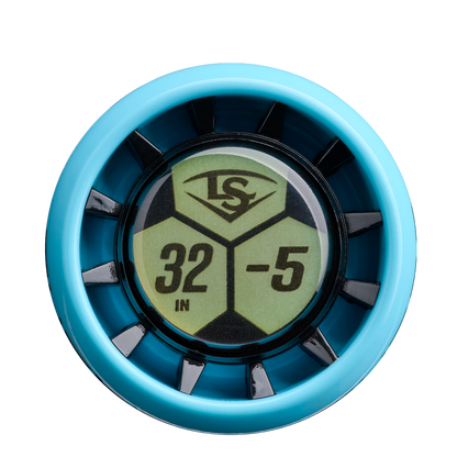 A close-up of a blue and black circular bat knob sticker displays "LS," "32 IN," and "-5" on green, marking it as part of the Louisville Slugger 2026 Supra Starship (-5) 2 3/4" USSSA Baseball Bat: WBL4185010 series.
