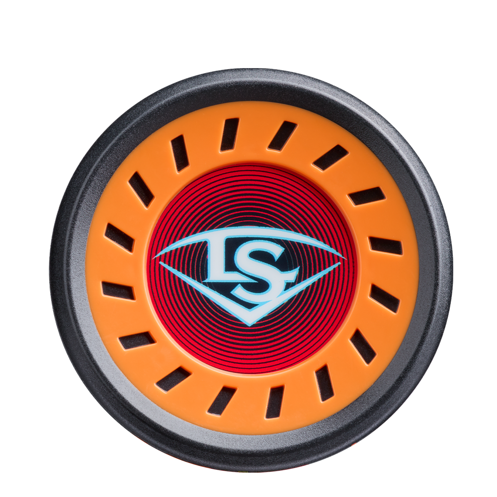 A round, orange and black object with vent-like slots and a red center features a white LS logo in a diamond shape, echoing the distinctive composite barrel design of the 2026 Louisville Slugger Supra Starship (-5) USSSA Baseball Bat.