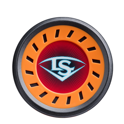 A round, orange and black object with vent-like slots and a red center features a white LS logo in a diamond shape, echoing the distinctive composite barrel design of the 2026 Louisville Slugger Supra Starship (-5) USSSA Baseball Bat.