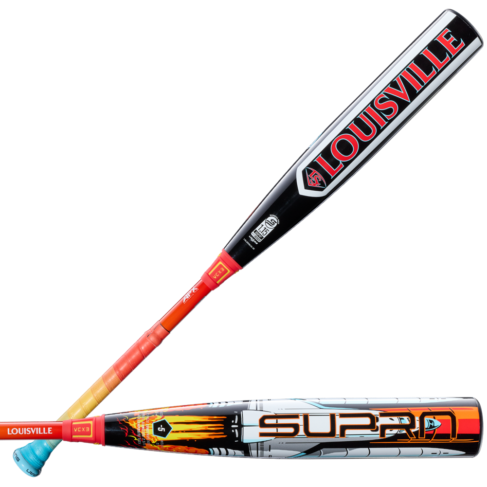 Two Louisville Slugger baseball bats are shown. The top is the bold black and red Supra, while the bottom features the 2026 Louisville Slugger Supra Starship (-5) USSSA bat with a silver composite barrel and orange graphics.