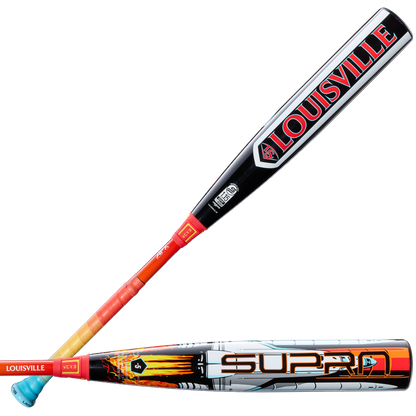 Two Louisville Slugger baseball bats are shown. The top is the bold black and red Supra, while the bottom features the 2026 Louisville Slugger Supra Starship (-5) USSSA bat with a silver composite barrel and orange graphics.
