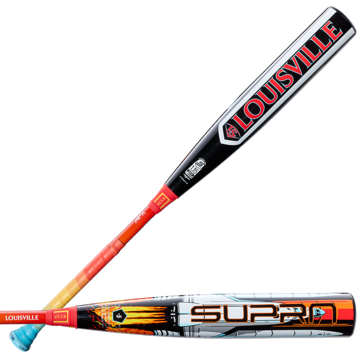 Two Louisville Slugger baseball bats are shown. The top is the bold black and red Supra, while the bottom features the 2026 Louisville Slugger Supra Starship (-5) USSSA bat with a silver composite barrel and orange graphics.