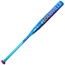 The 2026 Louisville Slugger Kryo Love the Moment (-11) Fastpitch Softball Bat (WBL4186010) features a blue design with pink and yellow lettering, a light blue wrapped grip, and a pink knob, displayed on a white background.