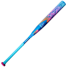 The 2026 Louisville Slugger Kryo Love the Moment (-10) fastpitch softball bat (WBL4187010) features a blue handle, pink end cap, and a vibrant multicolored barrel with geometric designs—perfect for bringing color to every swing.