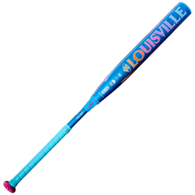 The 2026 Louisville Slugger Kryo Love the Moment (-10) Fastpitch Softball Bat features a blue barrel with a pink knob, yellow logo, light blue grip tape, and white icons—part of an Autism Speaks collaboration.