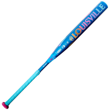 The 2026 Louisville Slugger Kryo Love the Moment (-9) Fastpitch Softball Bat (WBL4188010) features a blue barrel, turquoise grip, pink end cap, and bold LOUISVILLE lettering in yellow and pink along the bat.