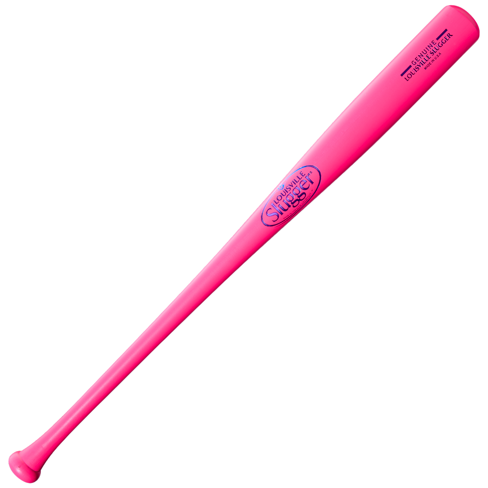 The Louisville Slugger Genuine MIX Neon Pink Wood Baseball Bat (WBL4190010) is displayed against a white background, highlighting its balanced swing weight from the trusted Louisville Slugger brand for optimal performance.