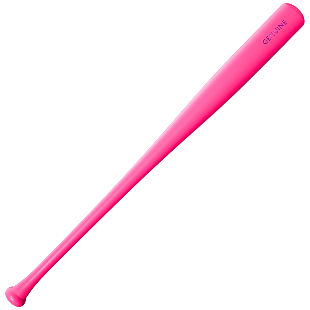 The Louisville Slugger Genuine MIX Neon Pink Wood Baseball Bat (WBL4190010) by Louisville Slugger features a vibrant neon pink finish with “GENUINE” printed near the barrel, designed for a balanced swing weight and showcased against a white background.