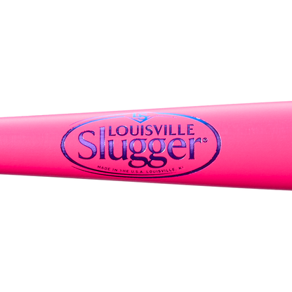Close-up of the Louisville Slugger Genuine MIX Neon Pink Wood Baseball Bat (WBL4190010), featuring the Louisville Slugger logo printed in purple and blue on the side, designed for a balanced swing weight.
