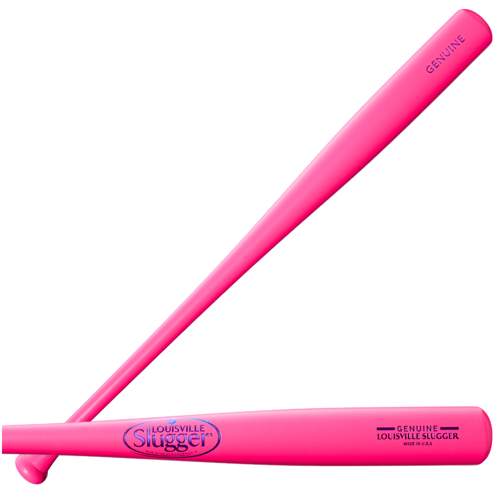 Two vibrant neon pink Louisville Slugger Genuine MIX Wood Baseball Bats (WBL4190010) are featured—one highlighting the brand logo and “Genuine” marking, while the other displays the full length of this neon pink bat set diagonally, emphasizing its balanced swing weight.
