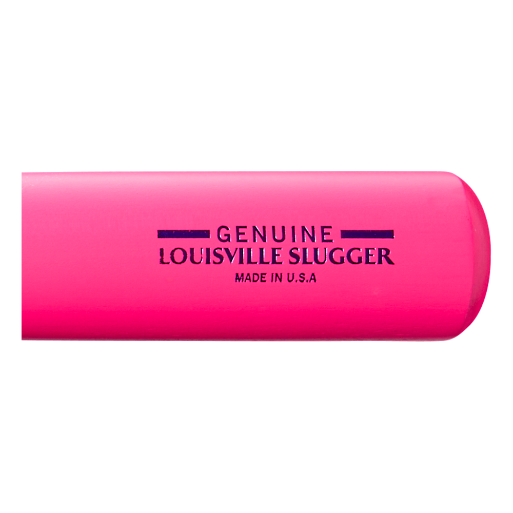 A close-up of the Louisville Slugger Genuine MIX Neon Pink Wood Baseball Bat (WBL4190010) showcases its vibrant neon pink finish and balanced swing weight, with “GENUINE LOUISVILLE SLUGGER MADE IN U.S.A.” printed in bold black text on the barrel.
