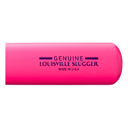 A close-up of the Louisville Slugger Genuine MIX Neon Pink Wood Baseball Bat (WBL4190010) showcases its vibrant neon pink finish and balanced swing weight, with “GENUINE LOUISVILLE SLUGGER MADE IN U.S.A.” printed in bold black text on the barrel.