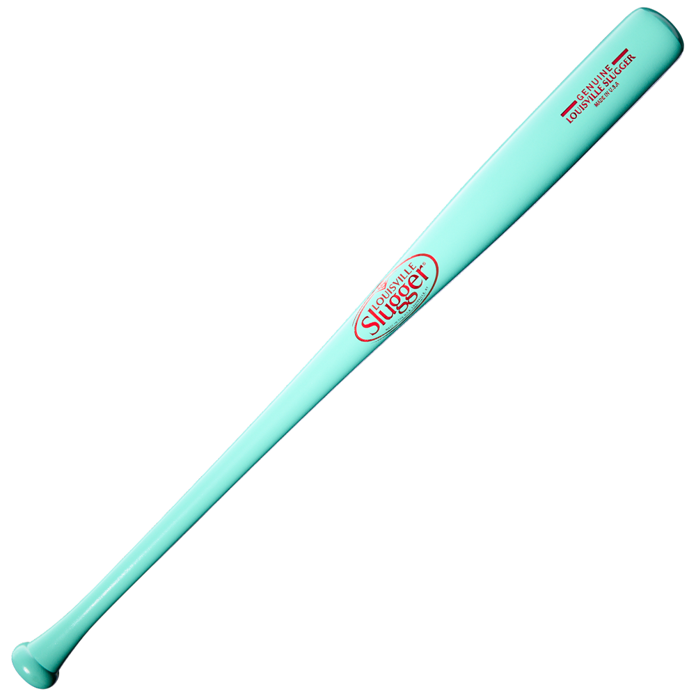 The Louisville Slugger Genuine MIX Mint Wood Baseball Bat (WBL4191010), featuring a mint blue color with a red and white Louisville Slugger logo and text, is displayed on a white background. This bat is designed for a balanced swing weight.