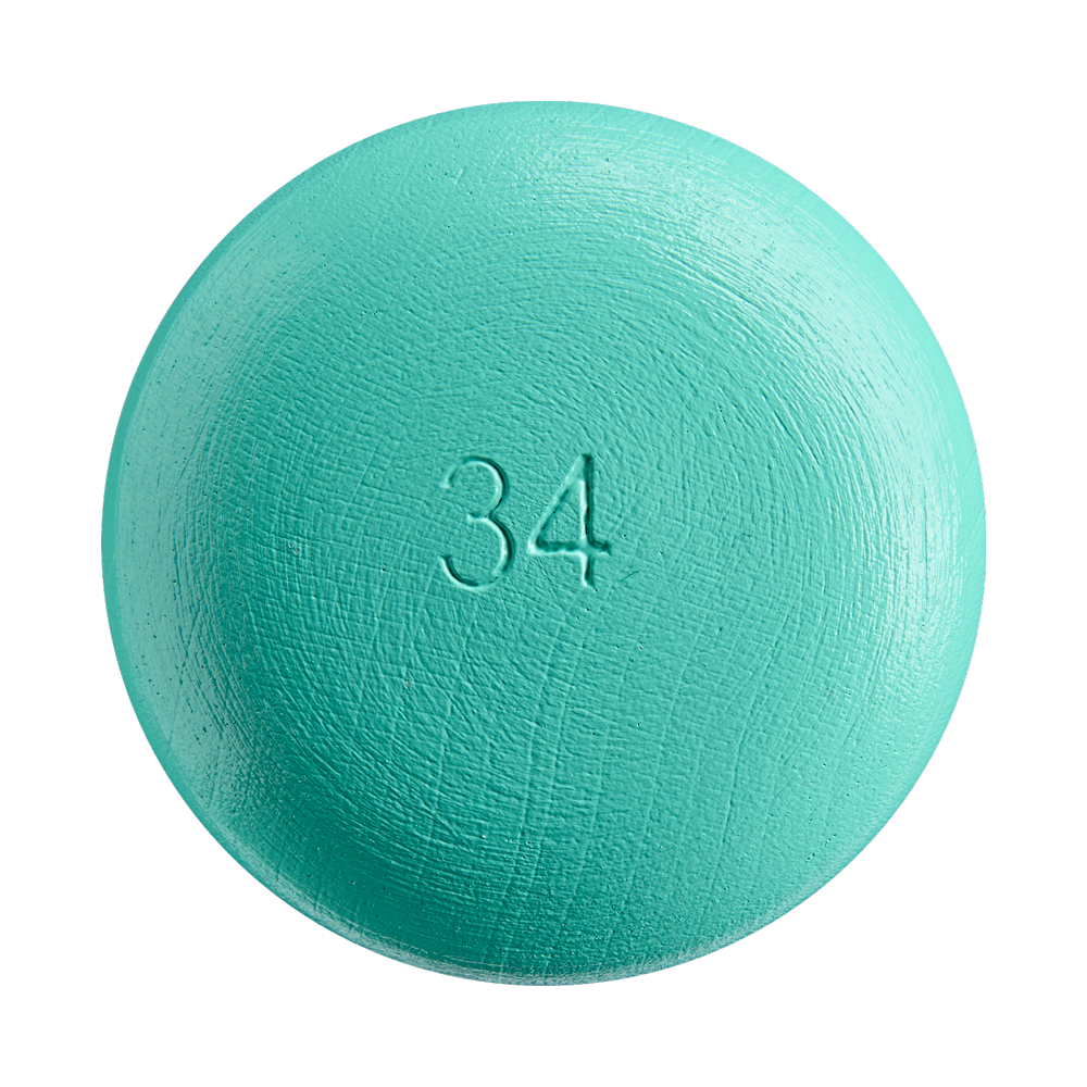 A round, mint-colored item with the number 34 imprinted on one side is shown on a white background, reminiscent of the classic numbering often seen on the Louisville Slugger Genuine MIX Mint Wood Baseball Bat: WBL4191010, known for its balanced swing weight.