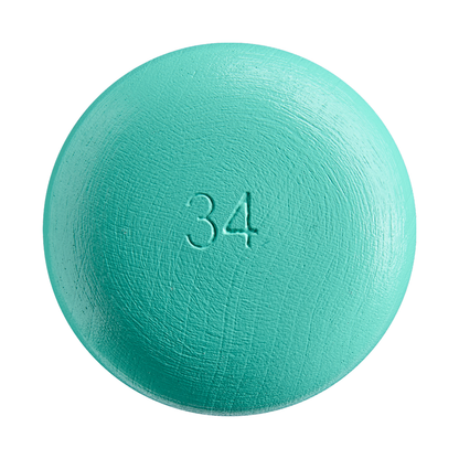 A round, mint-colored item with the number 34 imprinted on one side is shown on a white background, reminiscent of the classic numbering often seen on the Louisville Slugger Genuine MIX Mint Wood Baseball Bat: WBL4191010, known for its balanced swing weight.