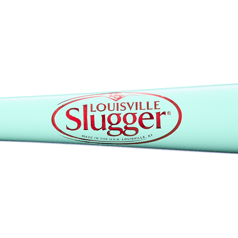 A close-up of the Louisville Slugger Genuine MIX Mint Wood Baseball Bat (WBL4191010) in turquoise, featuring the iconic red and white Louisville Slugger logo with “Made in the U.S.A. Louisville, KY” beneath it. This classic wood bat is made by Louisville Slugger for a balanced swing weight, making it perfect for serious players who value precision and performance.