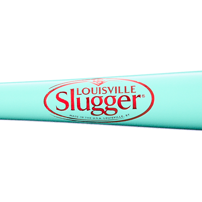 A close-up of the Louisville Slugger Genuine MIX Mint Wood Baseball Bat (WBL4191010) in turquoise, featuring the iconic red and white Louisville Slugger logo with “Made in the U.S.A. Louisville, KY” beneath it. This classic wood bat is made by Louisville Slugger for a balanced swing weight, making it perfect for serious players who value precision and performance.