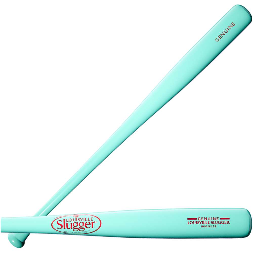 Two light blue Louisville Slugger Genuine MIX Mint Wood Baseball Bats (WBL4191010) are shown—one featuring the Louisville Slugger logo and the other with “GENUINE” printed on the barrel—both designed for a balanced swing weight.