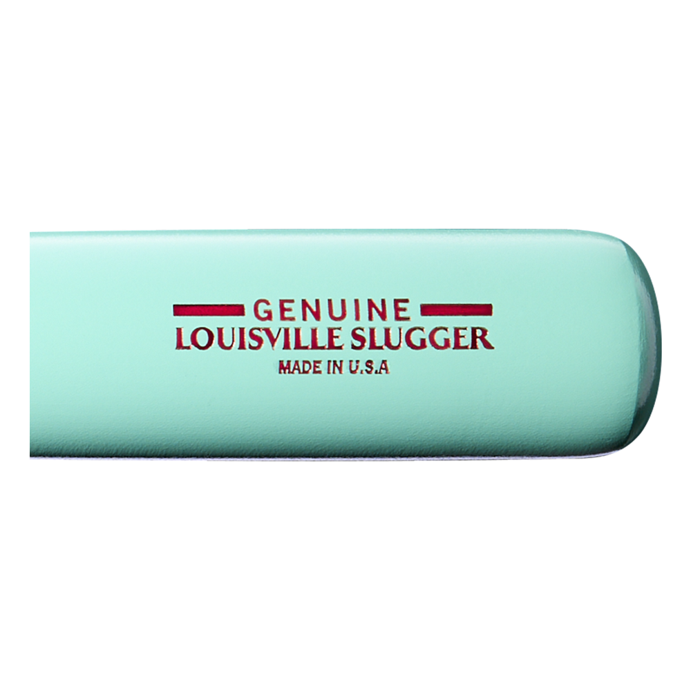 A close-up of the Louisville Slugger Genuine MIX Mint Wood Baseball Bat (WBL4191010) in turquoise, featuring bold red text reading GENUINE LOUISVILLE SLUGGER MADE IN U.S.A on its side, highlights its balanced swing weight—a hallmark of Louisville Slugger’s premium wood bats.