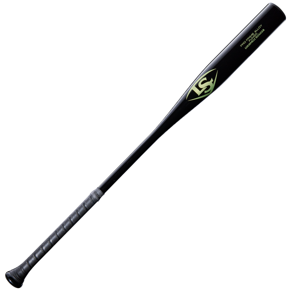 Crafted for durability and performance, the Louisville Slugger Pro Prime Alloy Fungo (-13) 35″ Black Training Bat (WBL42010102235) features a black metal design with a textured grip handle, accented by a green and white Louisville Slugger logo and small yellow text near the barrel, making it an ideal training bat.